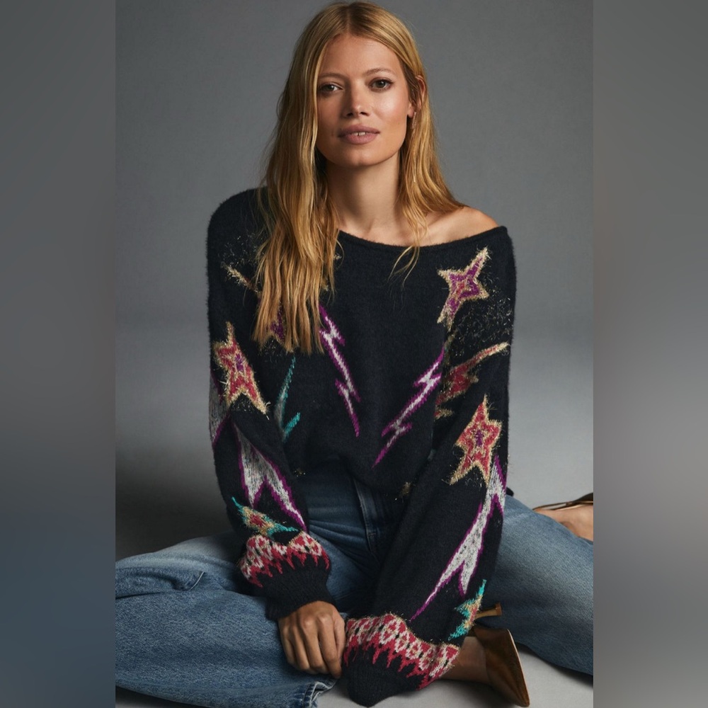 Anthropologie Pilcro sparkle pullover Black Off-the-Shoulder Star Sweater